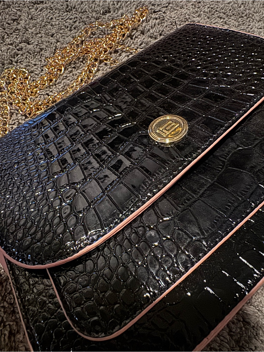 Black Croc-Embossed Patent Shoulder Bag with Gold Medallion